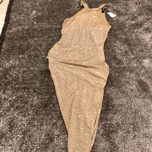 Nude rhinestone asymmetrical dress